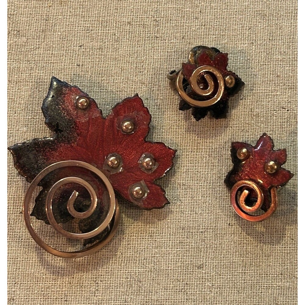 Vintage Matisse Brooch & Clip Earrings Set Red Enamel Copper Leaves Signed 50's